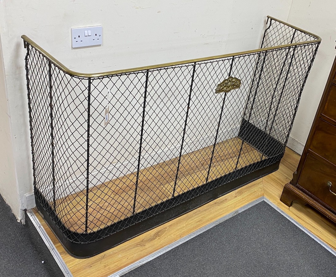 A large Victorian brass and mesh spark guard, width 150cm, depth 46cm, height 92cm